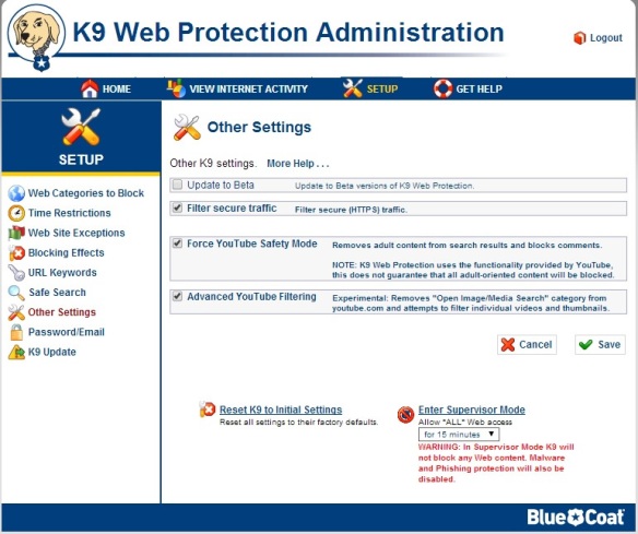 k9 Web Protection Other-settings