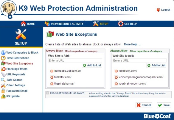 k9 Web Protection Web-site-exceptions